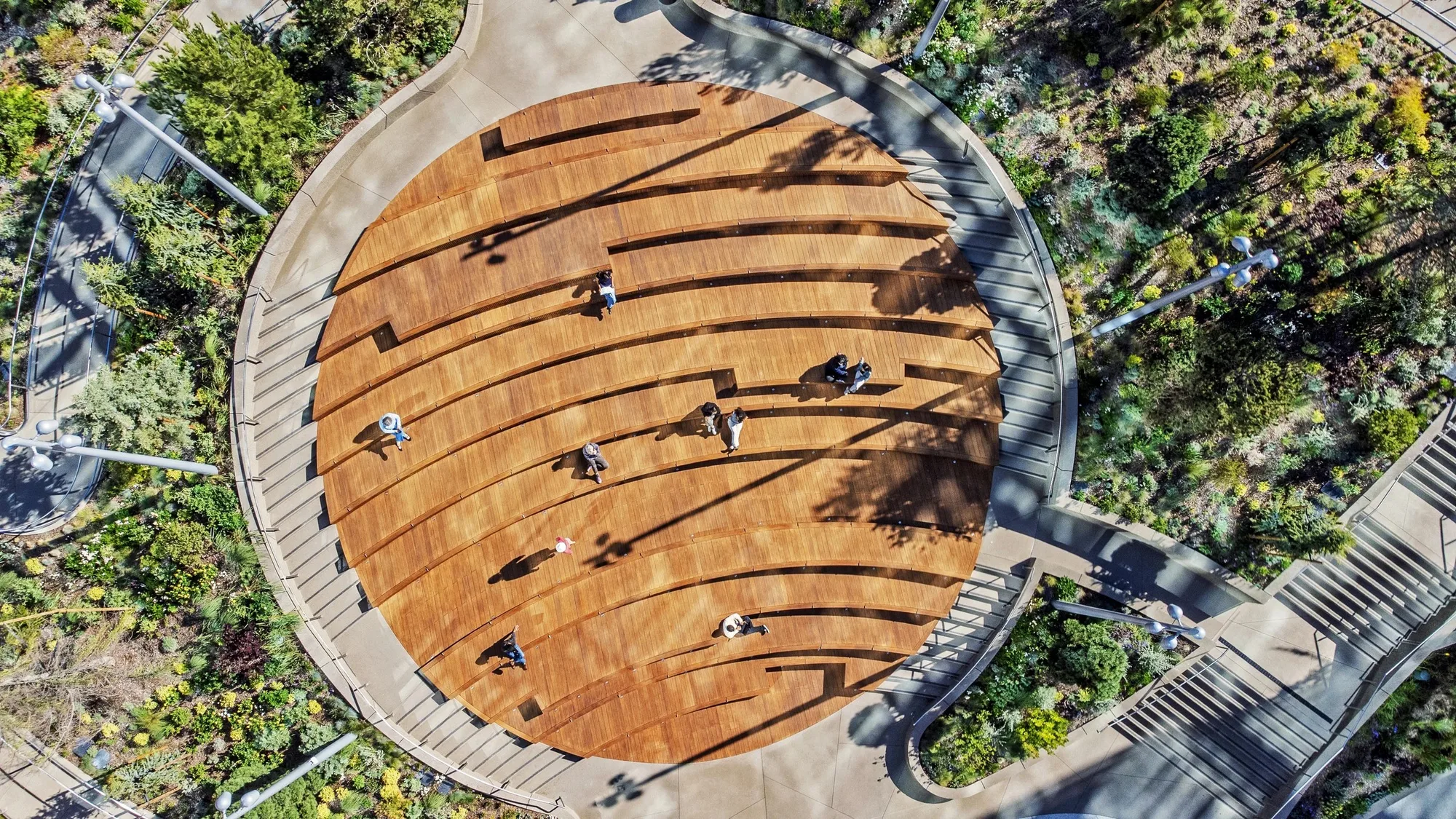 Aerial view of a circular timber amphitheater with curved benches and people, surrounded by planting and paths.